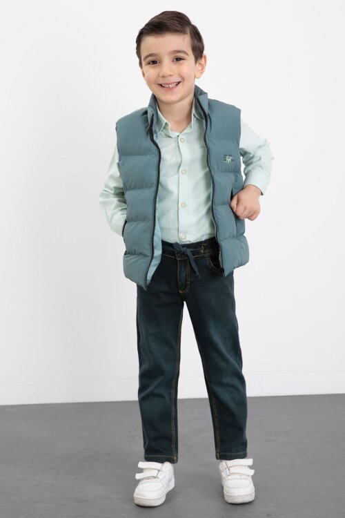 Yeşil Şişme Yelekli Gömlekli Erkek Çocuk 3lü Pantolonlu Takım 23471