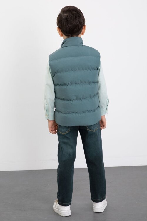 Yeşil Şişme Yelekli Gömlekli Erkek Çocuk 3lü Pantolonlu Takım 23471