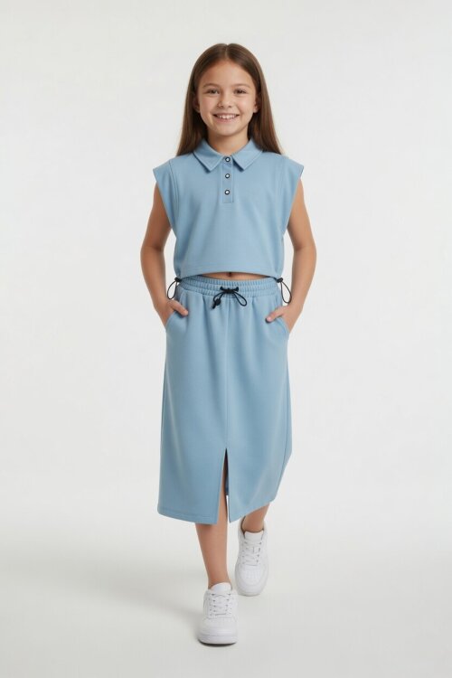 Açık Mavi Sıfır Kol Crop ve Yırtmaç Detaylı Etekli Kız Çocuk Alt Üst Takım 24007