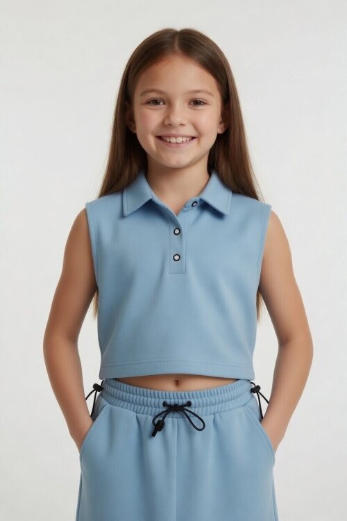 Açık Mavi Sıfır Kol Crop ve Yırtmaç Detaylı Etekli Kız Çocuk Alt Üst Takım 24007