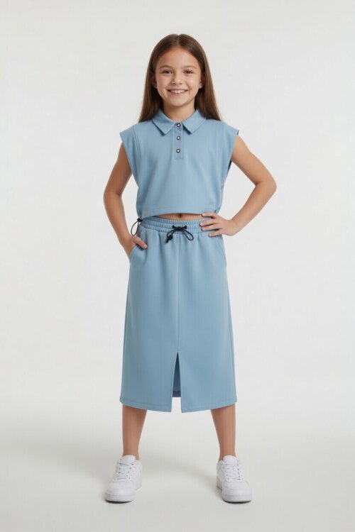 Açık Mavi Sıfır Kol Crop ve Yırtmaç Detaylı Etekli Kız Çocuk Alt Üst Takım 24007
