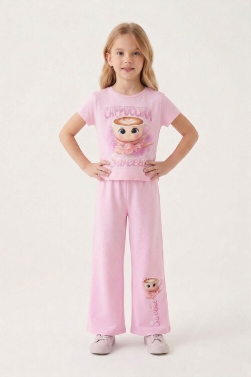 Açık Pembe Ballerin Baskılı Geniş Paça Taytlı Kız Çocuk 2li Takım  23800