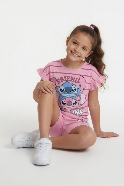 Açık Pembe Çizgili Karakter Baskılı Fırfırlı Kız Çocuk Şortlu 2li Takım  23958