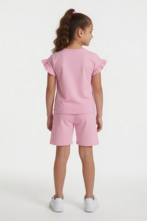 Açık Pembe Çizgili Karakter Baskılı Fırfırlı Kız Çocuk Şortlu 2li Takım  23958