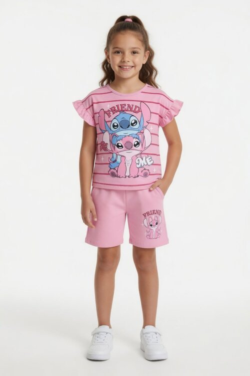 Açık Pembe Çizgili Karakter Baskılı Fırfırlı Kız Çocuk Şortlu 2li Takım  23958
