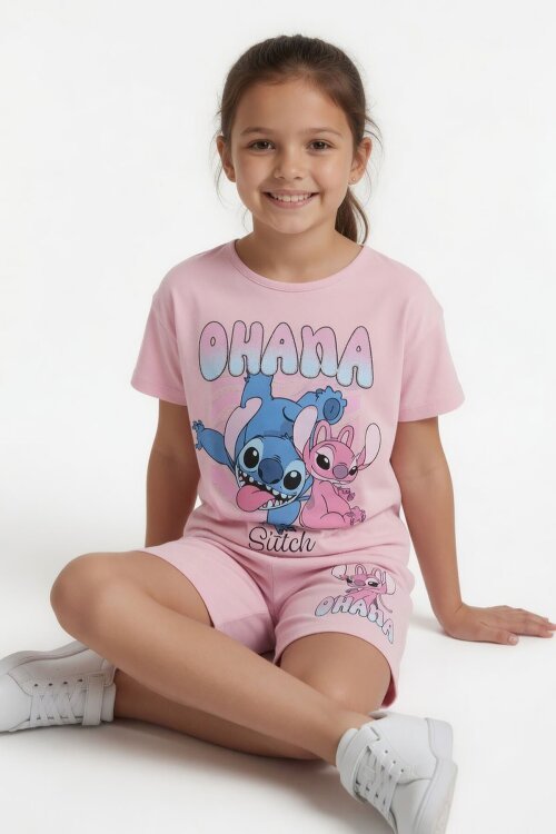 Açık Pembe Simli Karakter Baskılı Tişörtlü Kız Çocuk Şortlu 2li Takım 23920