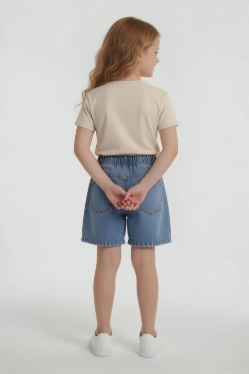 Bej Beautiful Yazılı Nakışlı Jean Şortlu Kız Çocuk 2li Takım 24060