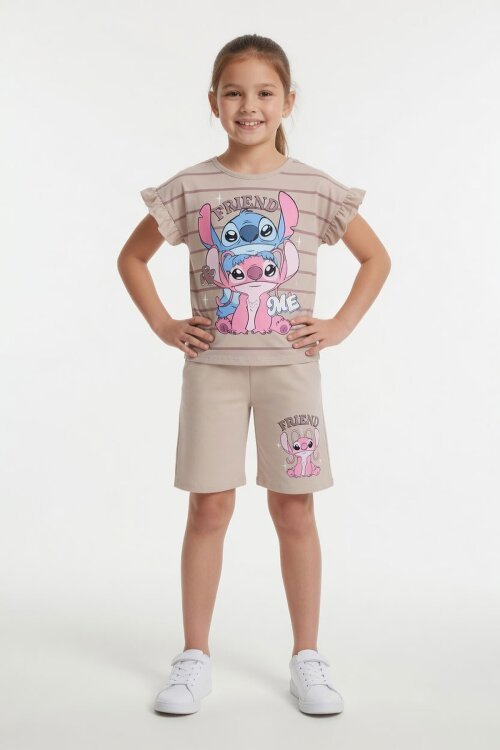 Bej Çizgili Karakter Baskılı Fırfırlı Kız Çocuk Şortlu 2li Takım  23956