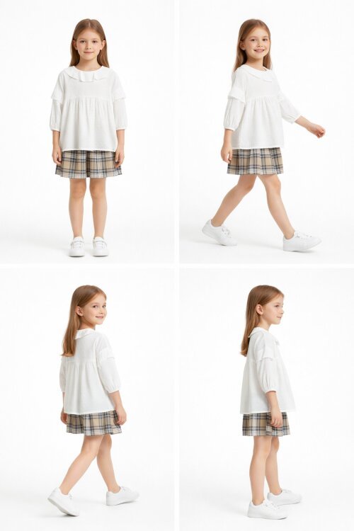 Bej Ekose Desenli Şort Etekli Gömlekli Kız Takım 17977