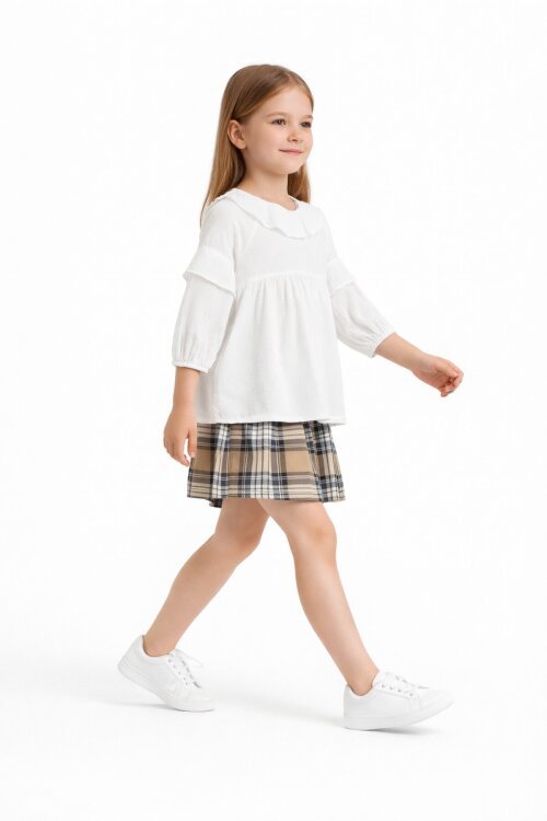 Bej Ekose Desenli Şort Etekli Gömlekli Kız Takım 17977