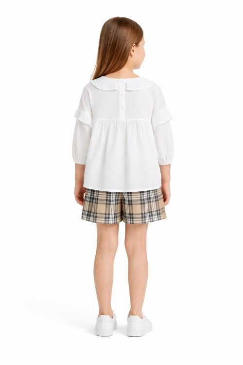 Bej Ekose Desenli Şort Etekli Gömlekli Kız Takım 17977