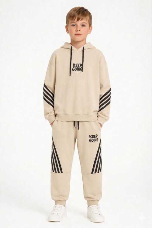 Bej Erkek Çocuk Keep Going Yazılı Şeritli Erkek Çocuk Kapüşonlu Eşofman Takımı 23420