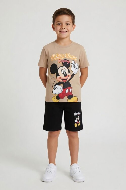 Bej Erkek Çocuk Mickey Fare Baskılı Şortlu 2li Takım 23969
