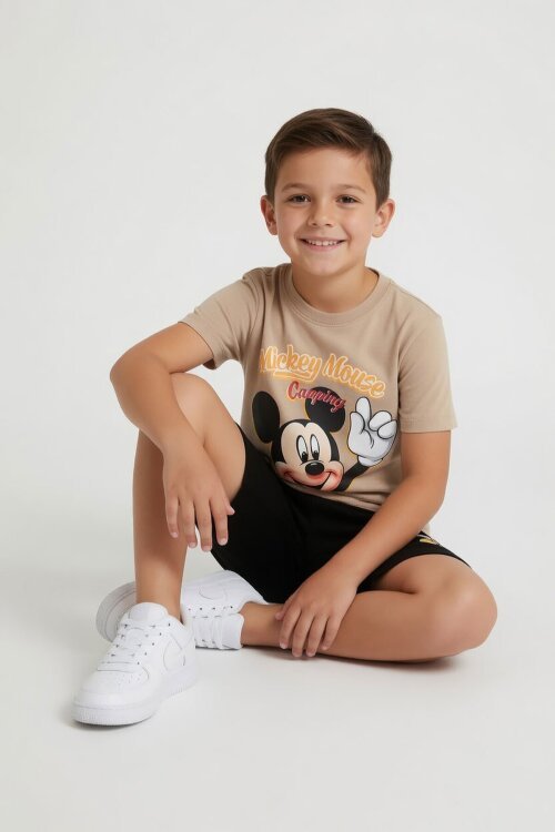 Bej Erkek Çocuk Mickey Fare Baskılı Şortlu 2li Takım 23969
