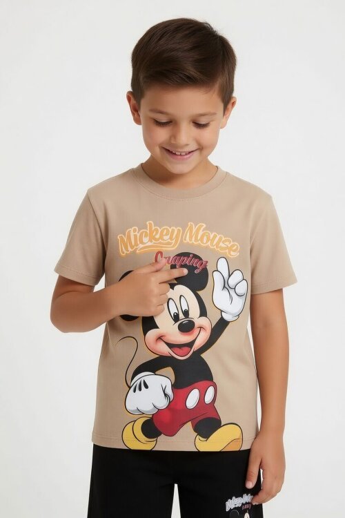 Bej Erkek Çocuk Mickey Fare Baskılı Şortlu 2li Takım 23969