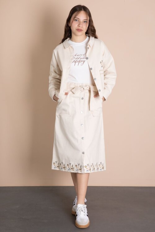 Bej Nakış Detaylı Jean Ceketli Kuşaklı Etekli Kız Çocuk 3lü Takım  24045