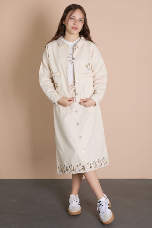 Bej Nakış Detaylı Jean Ceketli Kuşaklı Etekli Kız Çocuk 3lü Takım  24045