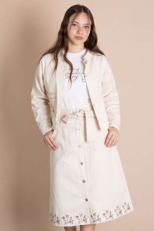 Bej Nakış Detaylı Jean Ceketli Kuşaklı Etekli Kız Çocuk 3lü Takım  24045