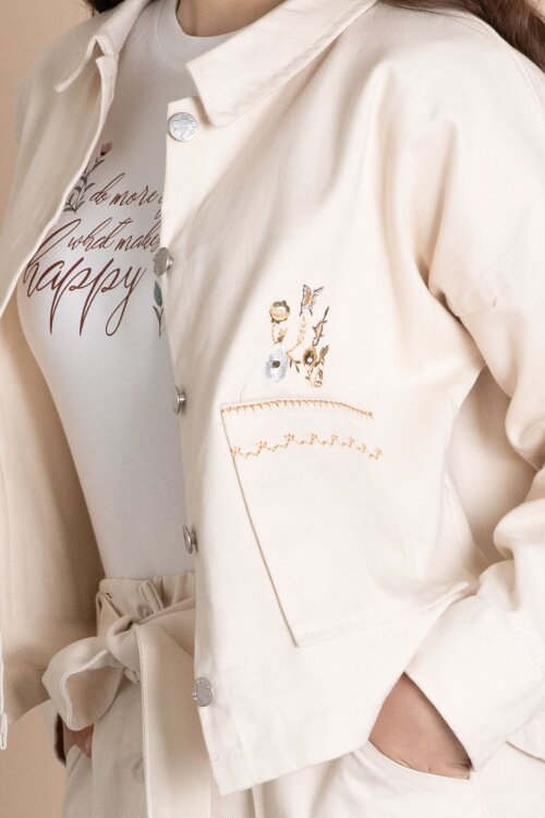 Bej Nakış Detaylı Jean Ceketli Kuşaklı Etekli Kız Çocuk 3lü Takım  24045