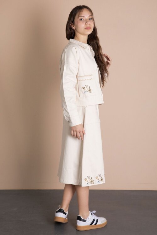 Bej Nakış Detaylı Jean Ceketli Kuşaklı Etekli Kız Çocuk 3lü Takım  24045