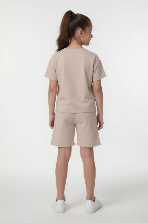 Bej Simli Karakter Baskılı Tişörtlü Kız Çocuk Şortlu 2li Takım 23919