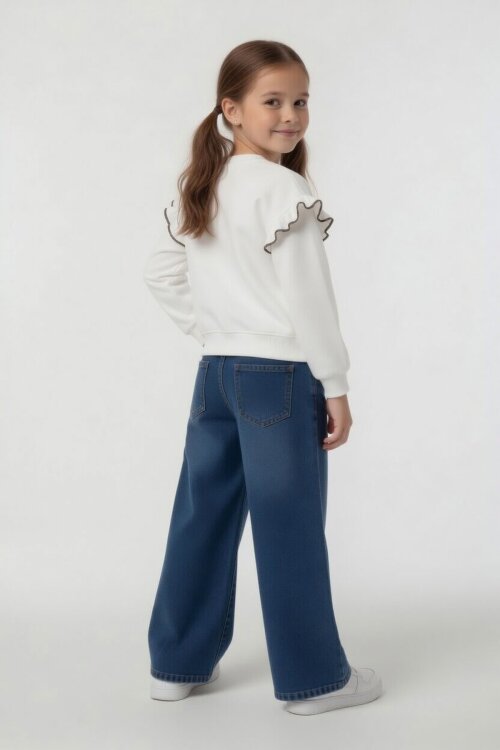 Beyaz Çiçek Nakışlı Fırfırlı Badili Jean Pantolonlu Kız Çocuk Takım 24556