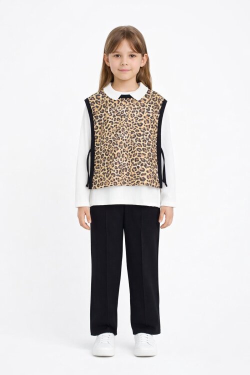 Beyaz Leopar Desenli Süveterli Badili Kız Çocuk Pantolonlu 3lü Takım 20690