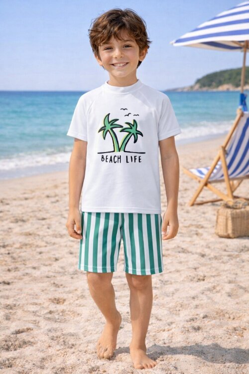 Beyaz Palmiye Baskılı Çizgili Şortlu Erkek Çocuk Şortlu Mayo Takımı 21152