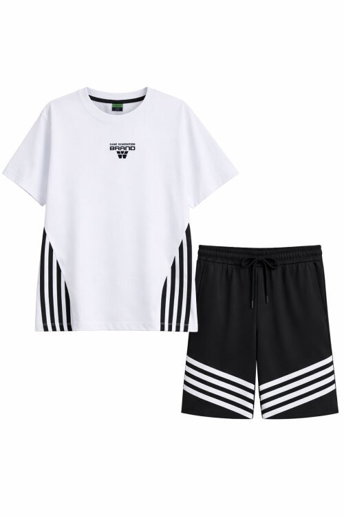 Beyaz Şerit Desenli Logolu Tişörtlü Erkek Çocuk Şortlu Takım 23780