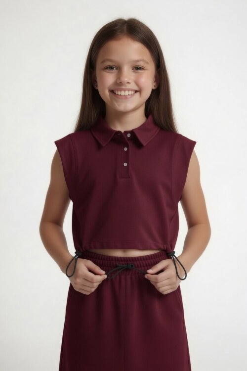 Bordo Sıfır Kol Crop ve Yırtmaç Detaylı Etekli Kız Çocuk Alt Üst Takım 24006