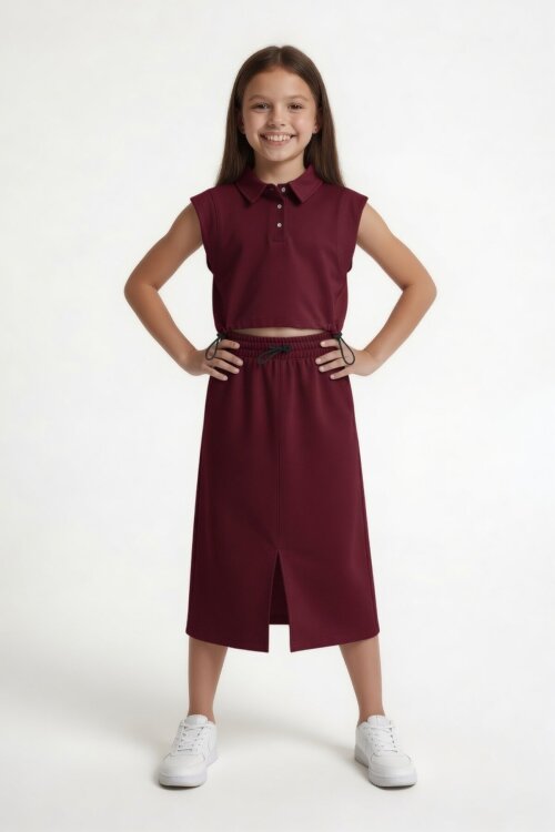 Bordo Sıfır Kol Crop ve Yırtmaç Detaylı Etekli Kız Çocuk Alt Üst Takım 24006