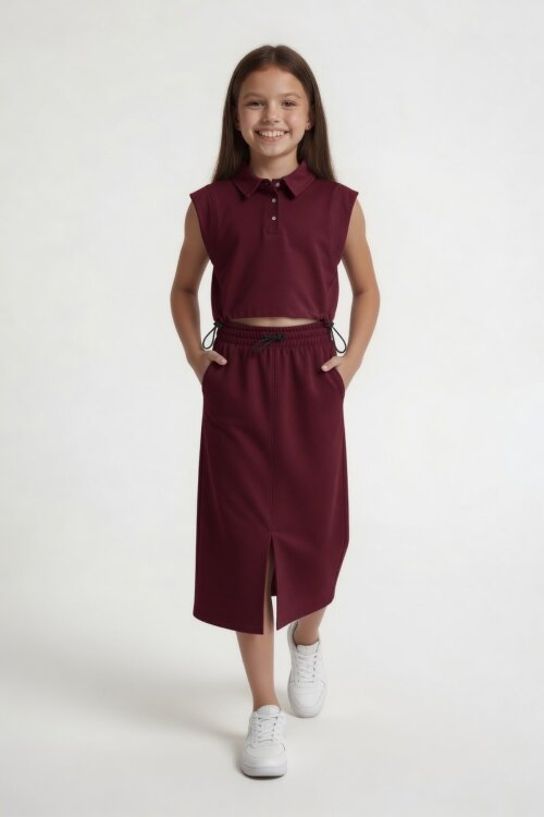 Bordo Sıfır Kol Crop ve Yırtmaç Detaylı Etekli Kız Çocuk Alt Üst Takım 24006