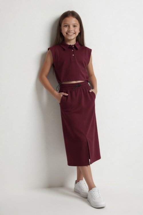 Bordo Sıfır Kol Crop ve Yırtmaç Detaylı Etekli Kız Çocuk Alt Üst Takım 24006