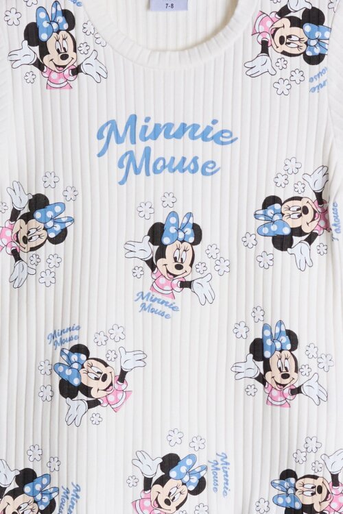 Ekru Çiçekli Minnie Desenli Badili Jean Salopetli Kız Çocuk Takım 24091