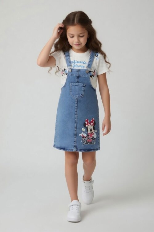 Ekru Çiçekli Minnie Desenli Badili Jean Salopetli Kız Çocuk Takım 24091