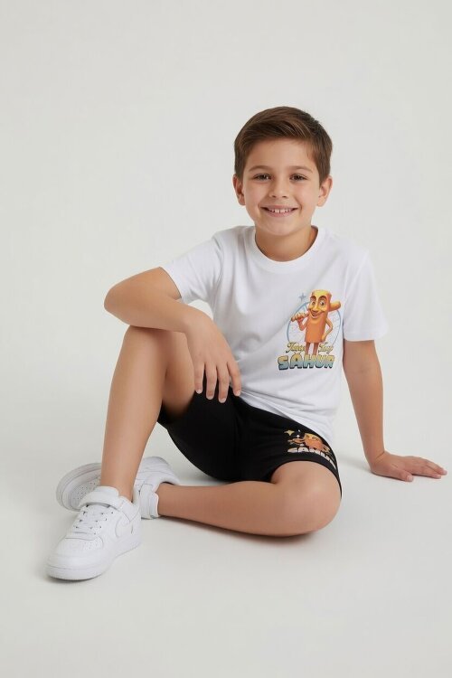 Ekru Erkek Çocuk Bisiklet Yaka Tişörtlü Şortlu 2li Baskılı Takım 24002