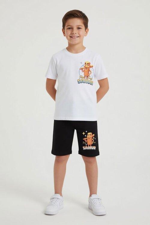 Ekru Erkek Çocuk Bisiklet Yaka Tişörtlü Şortlu 2li Baskılı Takım 24002