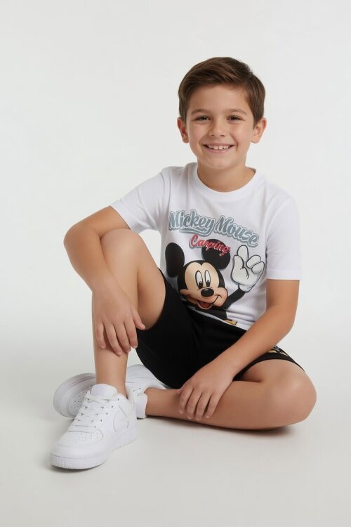 Ekru Erkek Çocuk Mickey Fare Baskılı Şortlu 2li Takım 23970