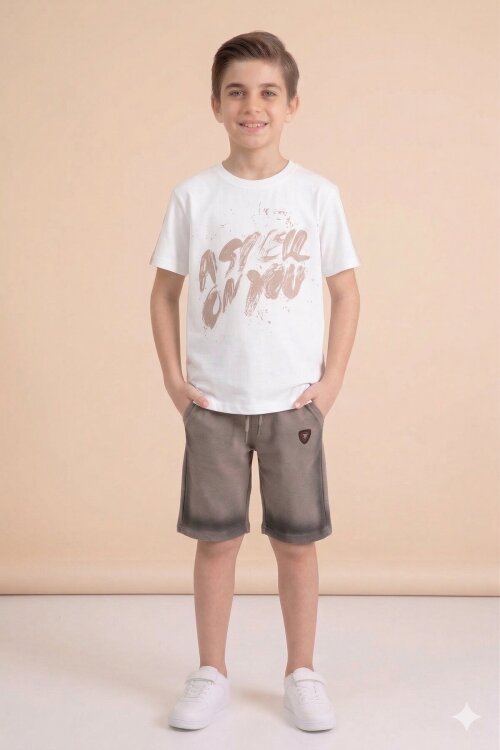 Ekru Grafiti Baskılı Tişörtlü Şortlu Erkek Çocuk 2li Takım  23775