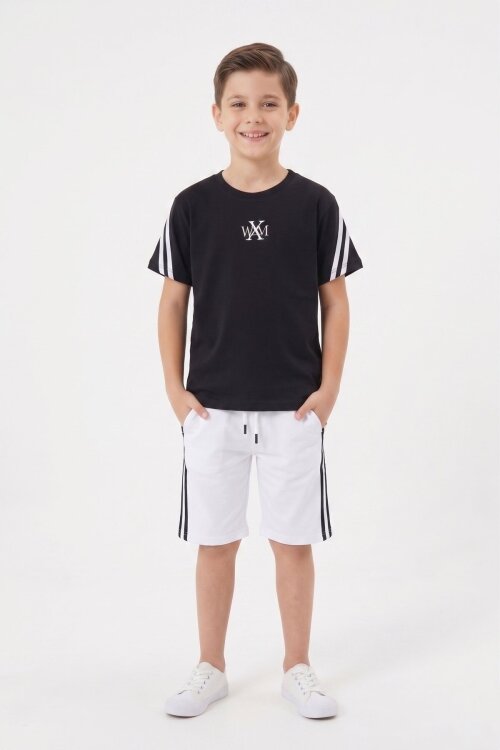Ekru Logolu Tişörtlü Şerit Detaylı Şortlu Erkek Çocuk Takım 23813