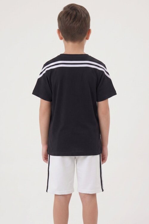 Ekru Logolu Tişörtlü Şerit Detaylı Şortlu Erkek Çocuk Takım 23813