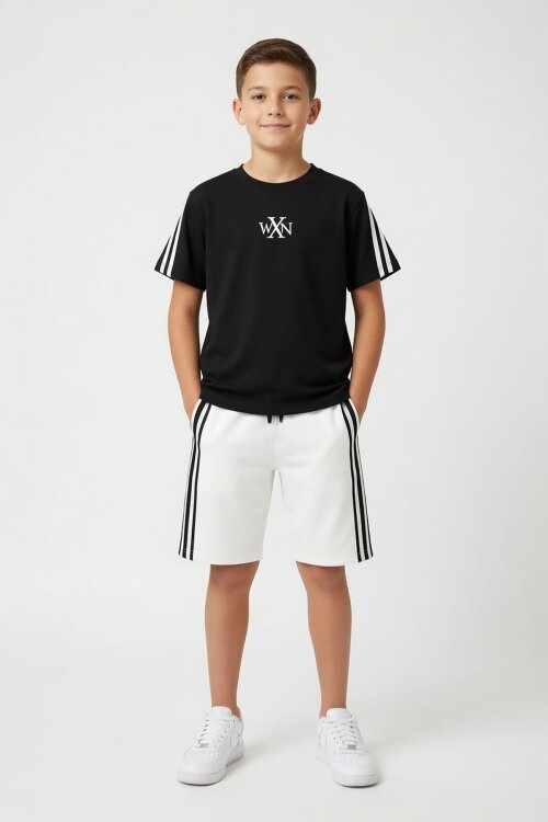 Ekru Logolu Tişörtlü Şerit Detaylı Şortlu Erkek Çocuk Takım 23813