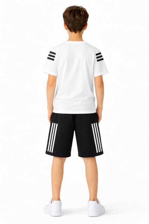 Ekru Şerit Detaylı Yazılı Tişörtlü Erkek Çocuk Şortlu Takım 23770