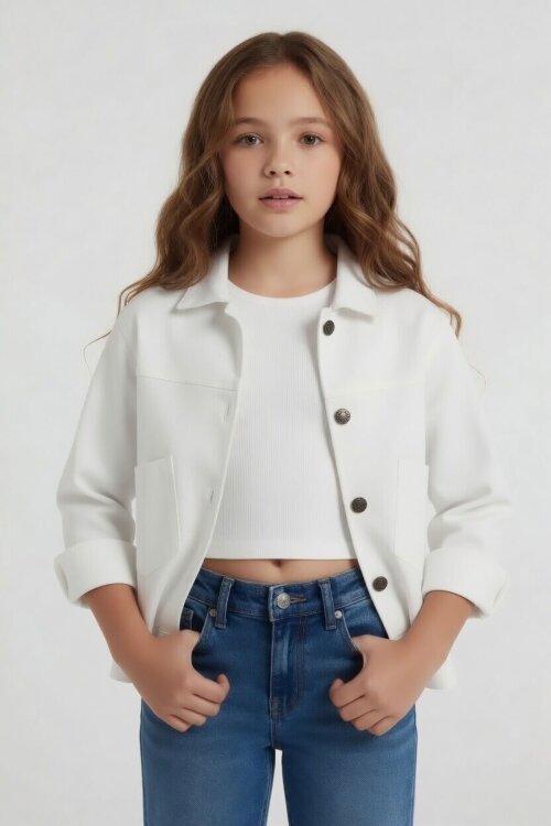 Ekru Sırtı Düğme Detaylı Kız Çocuk Gabardin Kumaş Ceket 23570