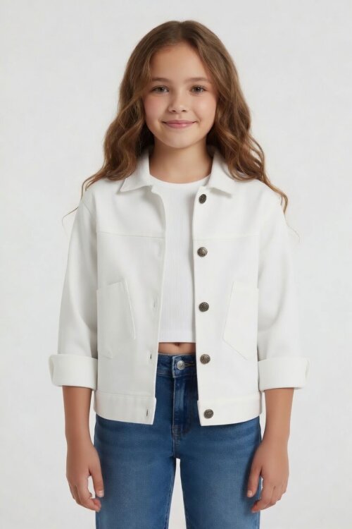 Ekru Sırtı Düğme Detaylı Kız Çocuk Gabardin Kumaş Ceket 23570