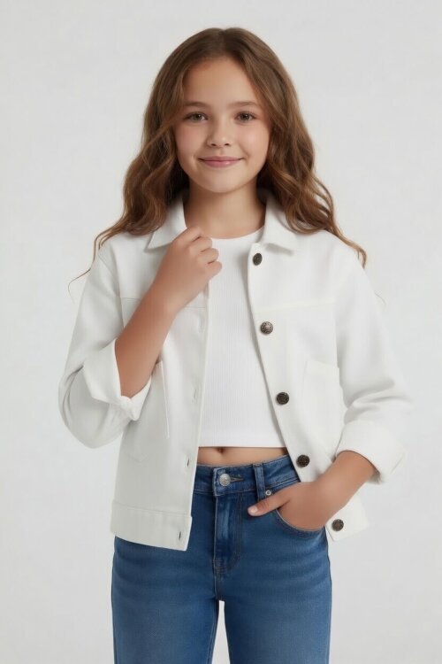 Ekru Sırtı Düğme Detaylı Kız Çocuk Gabardin Kumaş Ceket 23570