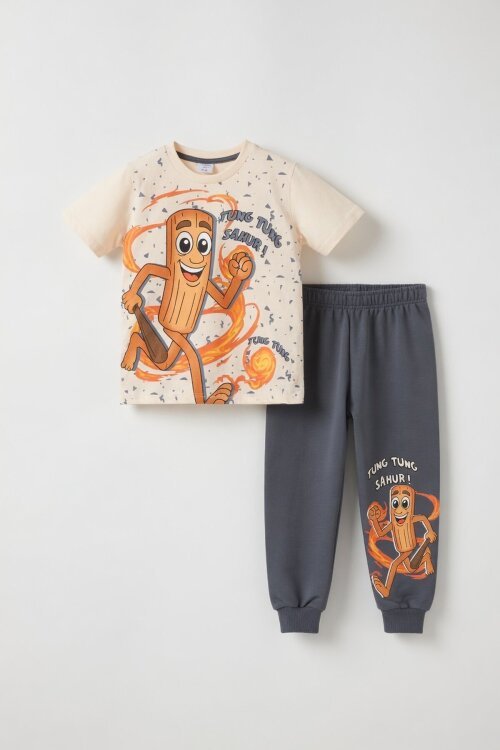 Füme Baskılı Bisiklet Yaka Tişörtlü Beli Lastikli Erkek Çocuk 2li Takım 23888