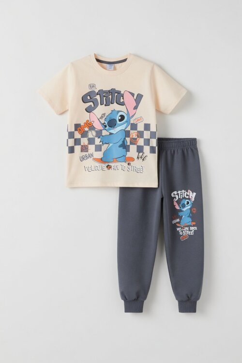 Füme Çizgi Karakter Baskılı Tişörtlü Erkek Çocuk Eşofman Takımı 23903