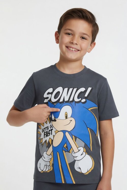 Füme Kirpi Sonic Baskılı Erkek Çocuk Tişörtlü Şortlu 2li Takım 23978