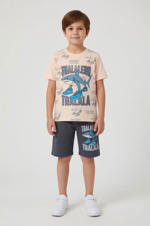 Füme KöpekBalığı Baskılı Bisiklet Yaka Erkek Çocuk Şortlu Takım 23840